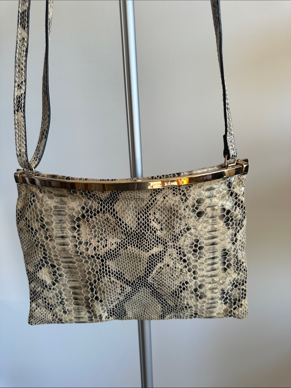 Danier Snake-Print Crossbody in Beige and Black with Gold Trim